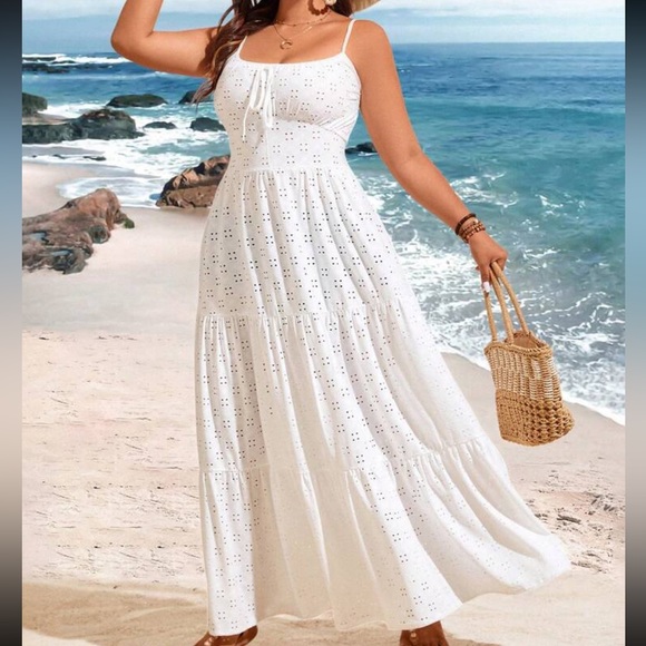 Boho Sheer Mesh Eyelet Lace Maxi Dress White - Picture 1 of 6